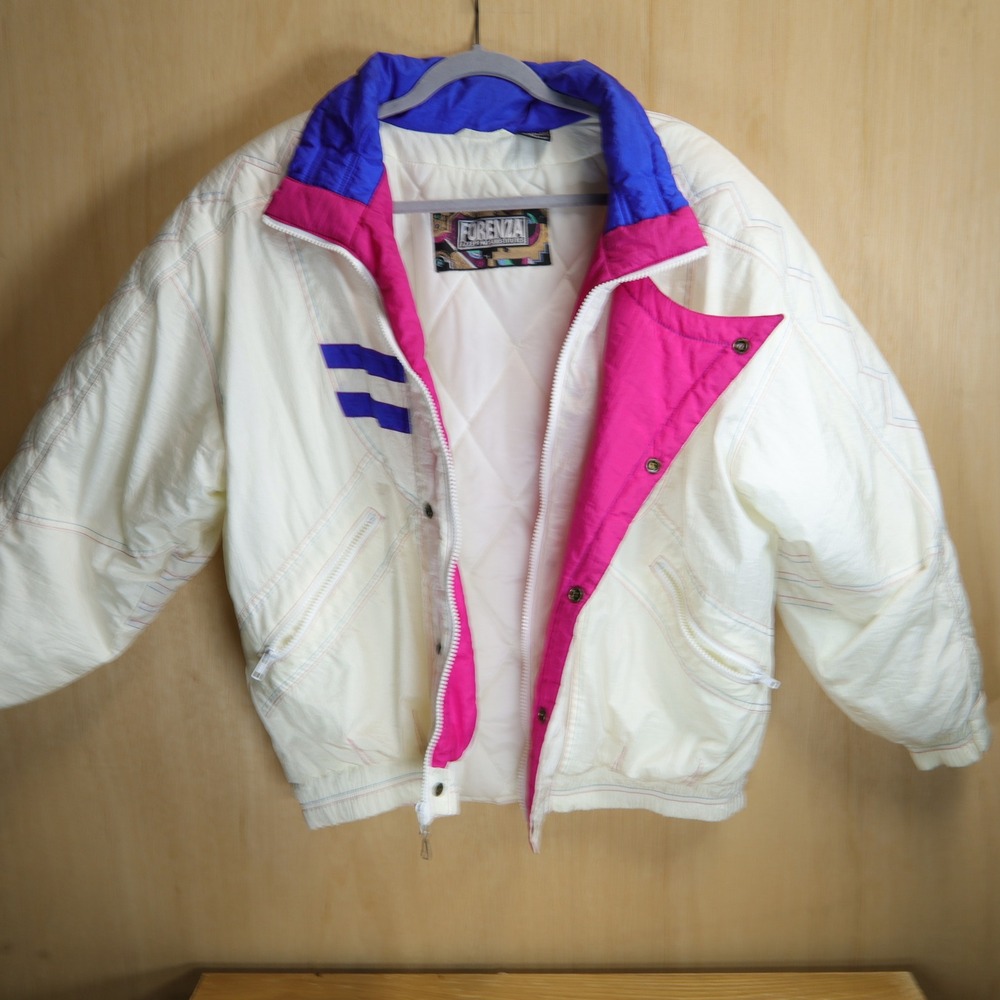 Vintage Forenza Ski Jacket White Pink Blue Colorblock Quilted Puffer Medium